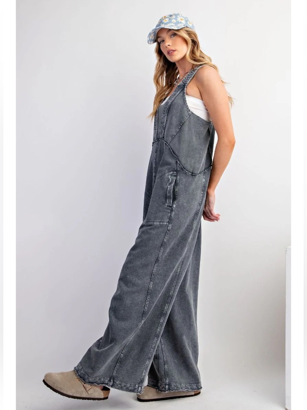 New:Easel Boho Mineral Washed Terry Knit Cotton Wide Leg Jumper Jumpsuit•Medium - Picture 3 of 4